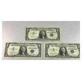 (3) 1957 series $1 US silver certificate one is