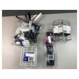 Several metal wire storage baskets and a package