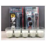 (5) mini candles and 2 mini mag light flashlights