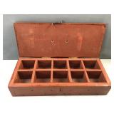 Wood organizer box with latch and handle labeled