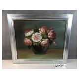 Vintage oil painting of pink and white flowers in