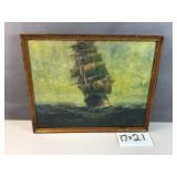 vintage oil on canvas seascape and sail ship by