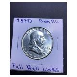 1953 D Franklin Half BU full bell lines