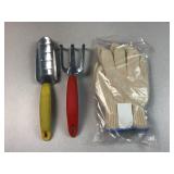 Gardening gloves, trowel, and rake