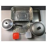 Cooking pans, pots, small clear storage bins
