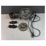 Mini desk fan, hammer heads, and drill press