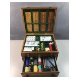 Wood Chest filled with cards, dice, chips,
