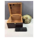 Royalty wooden box with floral tin box and cigar