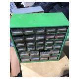 Green metal hardware organizer and contents