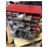 Red metal hardware organizer and contents