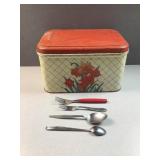 Vented floral tin container and silverware