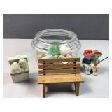 Snow Babies, fish bowl, bench and fishing figures