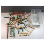 wood tinker toys in shoe tote