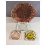 Vintage glass ash tray advertising in basket