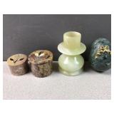 2 gem containers, candle holder & egg all of stone