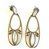 Pearlescent stone pendant earrings brass metal by