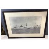 Black n White photo of ship with light house
