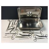 Medical scissors, forcepts in stainless steel tray