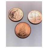 Set of 3 1 oz copper round.999 copper rounds