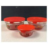 3 pcs glas dish set w art design & lids