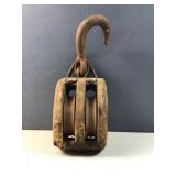 Antique Double-Wheel Wood Block Pulley
