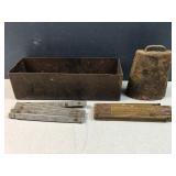 tin box, bar find cow bell and 2 folding rulers