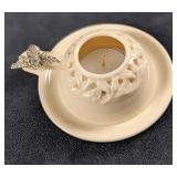 Porcelain tea candle holder with a pewter Bee crea