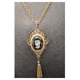 Vintage Glass Cameo Gold Tone Necklace With Tassel