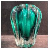 Glass Art Paperweight Green Floral Ribbed Blown Gl