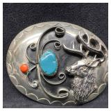 Deer Buck Belt Buckle Turquoise and Red Coral Nati