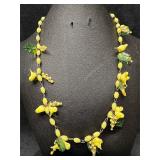 Yellow Art Glass Flower Leaf Bird Shaped Beaded Ne