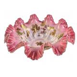 Large Ruffled Rim Grapevine Hand Painted Art Glass