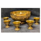 Vintage Etched Brass Punch Bowl With Goblets