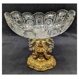 Vintage Oval Glass Bowl On Gold Metal Base (F64)