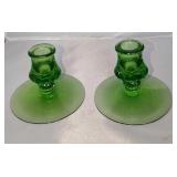 2 Vintage Heisey Glass Green Candlestick Holders