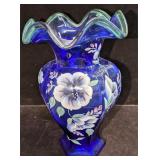 Fenton 75th Anniversary Hand Painted Blue Vase