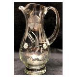 Vintage MCM Etched Glass Pitcher - Wheat & Floral
