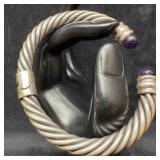 Sterling Silver Amethyst Cable Hinged Cuff Bangle