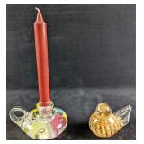 Vintage Joe St Clair Glass Candle Holder & Bird