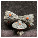 Coral 800 Silver Filigree Bow Design Brooch Pin