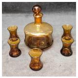 Vintage Hand-Blown Amber Glass Decanter And Shot G