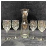 Starburst Etched Glass Pitcher Four Wine Glasses C
