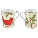 2 Fitz & Floyd Christmas Holly Cardinal Mugs Retir