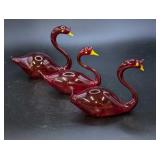 3 Vintage Hand Blown Glass Red Swans