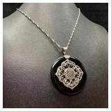 Sterling Silver Black Stone Circle Pendant Necklac