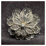 Sterling Silver 900 Intricate Filigree Flower Broo