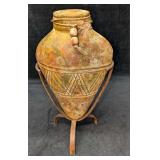 Vintage Amphora Pottery Vase With Metal Stand Vintage Amphora Pottery Vase With Metal Stand