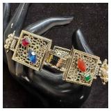 Wide Link Multicolored Stone Faux Pearl Gold Tone Wide Link Multicolored Stone Faux Pearl Gold Tone