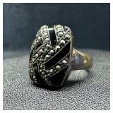 Sterling Marcasite Black Enamel Pattern Ring