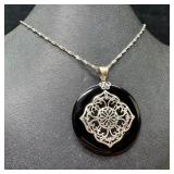 Sterling Onyx Filigree Pendant Necklace